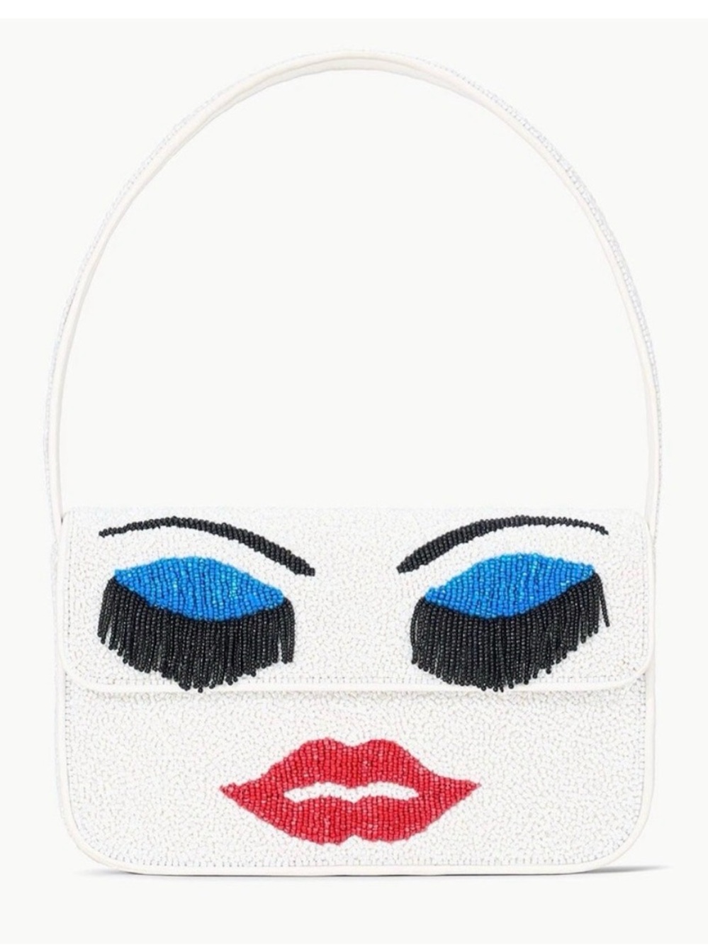 STAUD Priscilla White Beaded Shoulder Bag with Blue Eye and Red Lip Motif